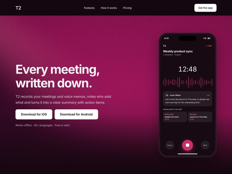 T2 – Talk to Text template — app landing page with a phone mockup